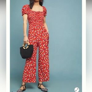 Faithfull the Brand Della Smocked Red Jasmine Floral Print Jumpsuit Sz 10 large